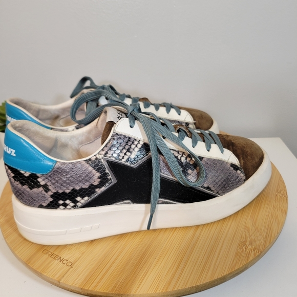 LOLA CRUZ leather brown suede snake print lace up casual fashion sneakers - Picture 5 of 13